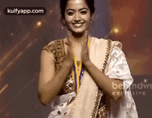 namaste rashmika madanna stage program happy face closed hands