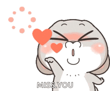 a cartoon rabbit is blowing a kiss with a heart in his eyes and the words miss you below it
