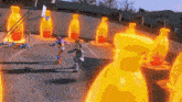 a basketball court with a lot of orange bottles
