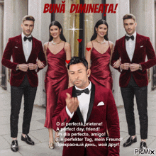 a man in a red tuxedo is giving the middle finger in front of three women