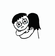 a black and white drawing of a person hugging another person with a sad face