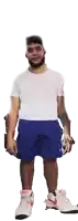 a man in a white shirt and blue shorts is standing on a white background