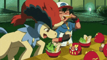 a cartoon of a boy and a horse eating noodles