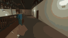 a man in a suit is walking down a hallway