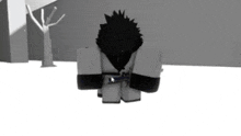 a black and white image of a person in a video game standing in the snow .