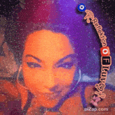a woman 's face is surrounded by a purple background with the words reflexion flying written on it