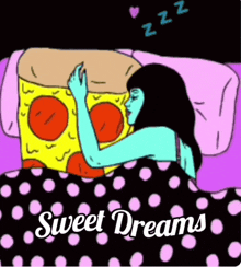 a cartoon of a woman sleeping with a slice of pepperoni pizza on her head
