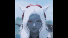 a woman with white hair and red eyes is wearing a headband with ears