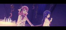 two anime girls standing next to each other in a dark room