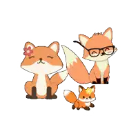 a fox with glasses and a flower on its head is sitting next to two other foxes