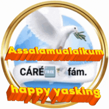 an animated image of a dove with the words assalamualaikum and happy yasking