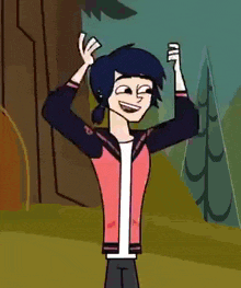 a cartoon character is smiling and holding his hands in the air .