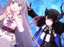two anime girls are standing next to each other and one has horns