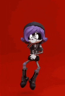 a cartoon character with purple hair and a mask on stands on a red background