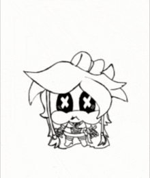 a black and white drawing of a cartoon character with x 's on his eyes