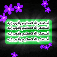 purple flowers surround a green sign that says ' arabic ' on it