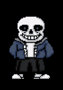 a pixel art drawing of a skeleton wearing a blue jacket