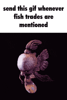 a picture of a fish with the words " send this gif whenever fish trades are mentioned "