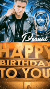 a man in a leather jacket is next to a happy birthday to you sign