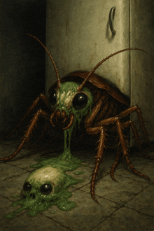a painting of a cockroach with green slime coming out of it 's mouth
