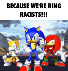 sonic the hedgehog , tails and knuckles are standing next to each other on a street .
