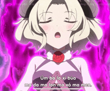 a cartoon of a girl with a purple background and the words um ba la xi bua ma da ma lon ma xò ma men