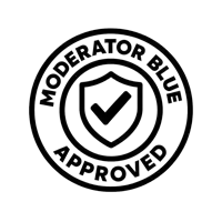 a black and white logo that says moderator blue approved on it