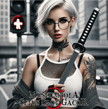 a woman with a tattoo on her neck holds a sword