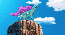 a pokemon with purple hair is standing on a rock