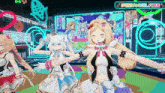 a group of anime girls are dancing on a stage in front of a sign that says " congratulations " .