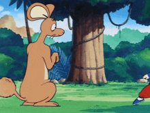 a kangaroo in a cartoon standing next to a person