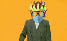 a man wearing a crown and sunglasses is pointing at a yellow sign that says dyor