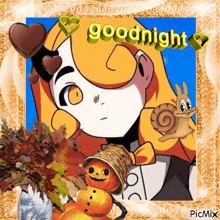 a picture of a girl with a snail and the words goodnight written on it