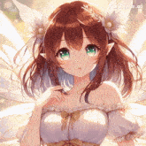 a girl with brown hair and green eyes is wearing a white dress
