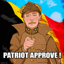a cartoon of a man pointing at the viewer with the words patriot approve below him