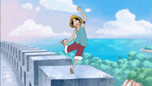 a cartoon character is standing on one leg on a ledge overlooking a body of water