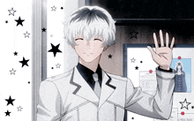 a man in a white suit and tie is waving