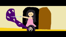 a girl in a pink dress is holding a sword in front of a purple monster with the number 8 on it