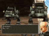 a video game screen shows a man talking to a robot that says " grandpa no he "