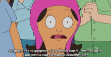 a cartoon character with a pink hat says oh gross he 's so gorgeous