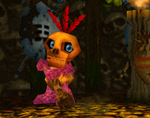 a cartoon character holding a broom and wearing a pink scarf