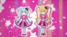 two anime girls are standing next to each other on a pink background with stars .