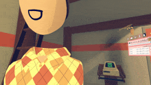 a cartoon character is standing in a room with a sign that says ' a ' on it