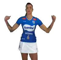 a woman flexes her muscles while wearing a blue shirt that says itan nas 6
