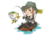 a cartoon of a woman holding a fishing rod with a bridgestone flag in the background