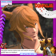 a picture of a man with a gun and playing cards with bisexual written on the bottom