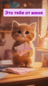 a kitten is holding a pink envelope with the words " это тебе от меня " in the corner