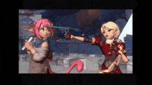 a cartoon of a girl holding a gun next to a flamingo
