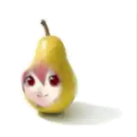 a pear with a girl 's face on it is sitting on a white surface .