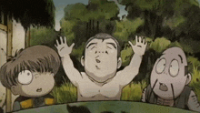 a group of cartoon characters are standing next to each other in the grass .